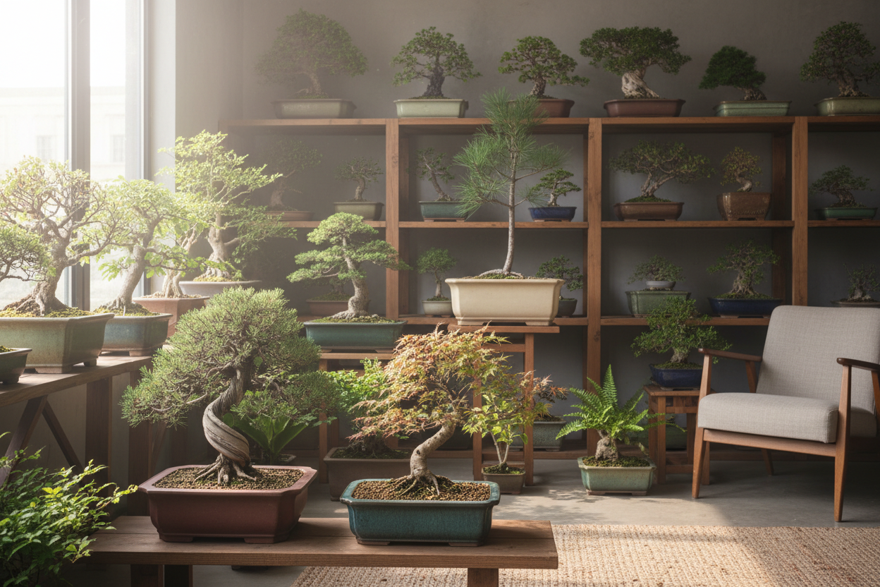 imagen horizontal de una zona interior llena de macetas diferentes de bonsais como las que tenemos en productos y diferentes tipos de bonsais