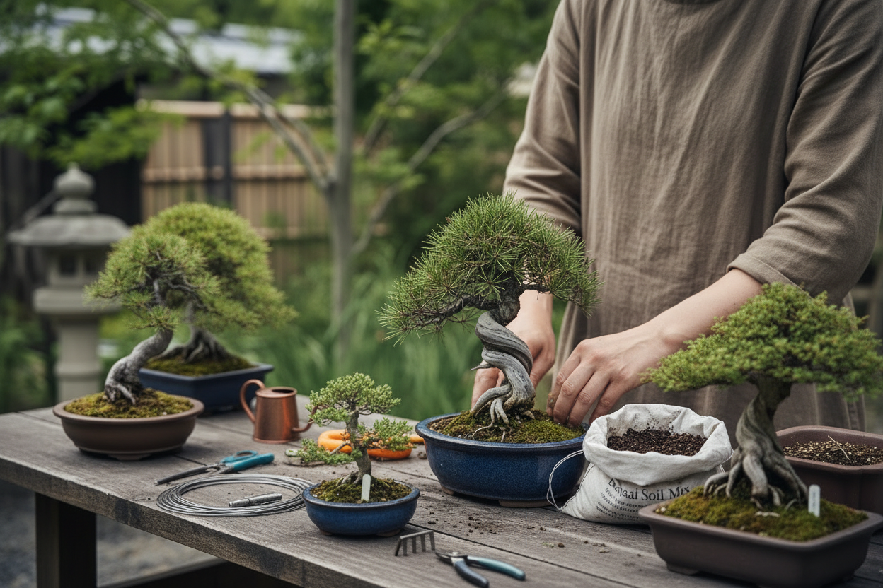 quita algunos bonsais de la mesa y añade como herramientas y tierra y eso como si estuviera trabajando con ellos y quitale las hojas rojas que tiene en la mano